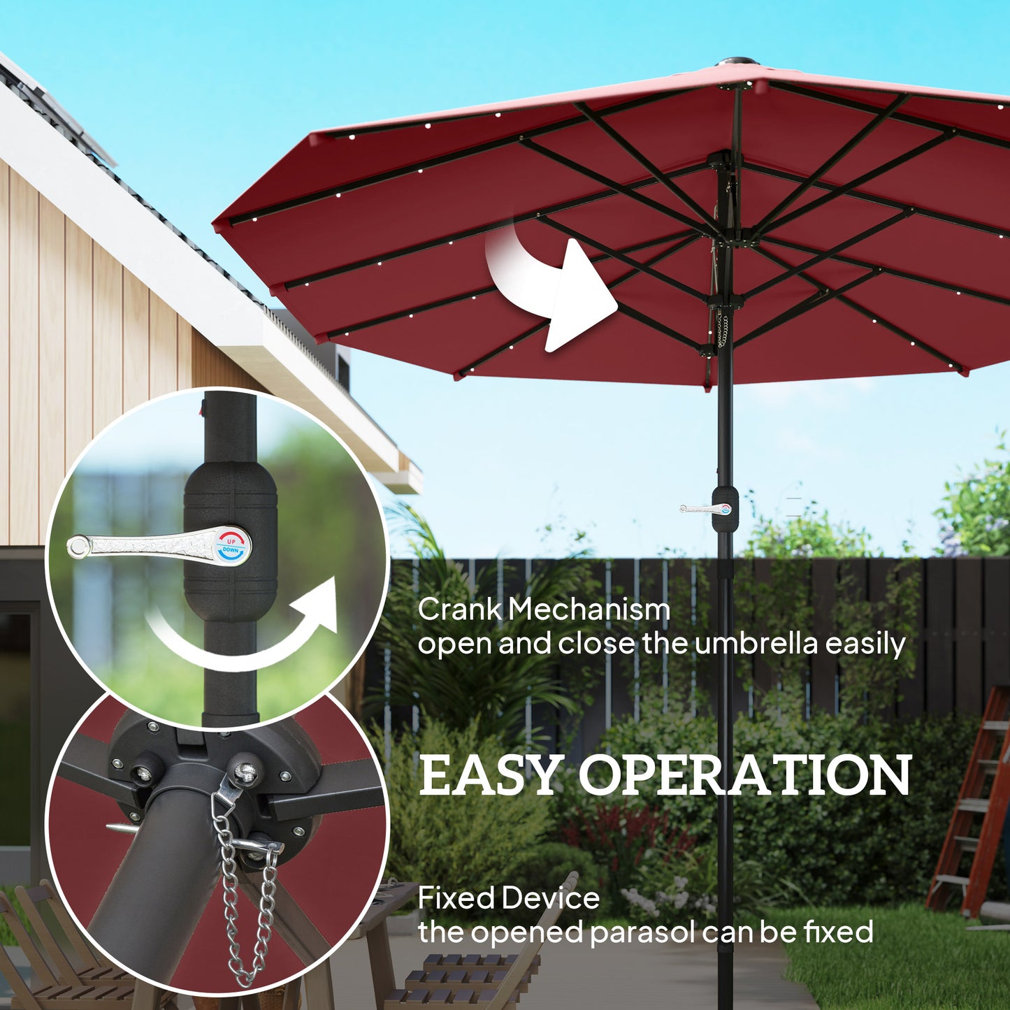 14.4ft Double-Sided Garden Parasol with Solar LED Lights - Wine Red