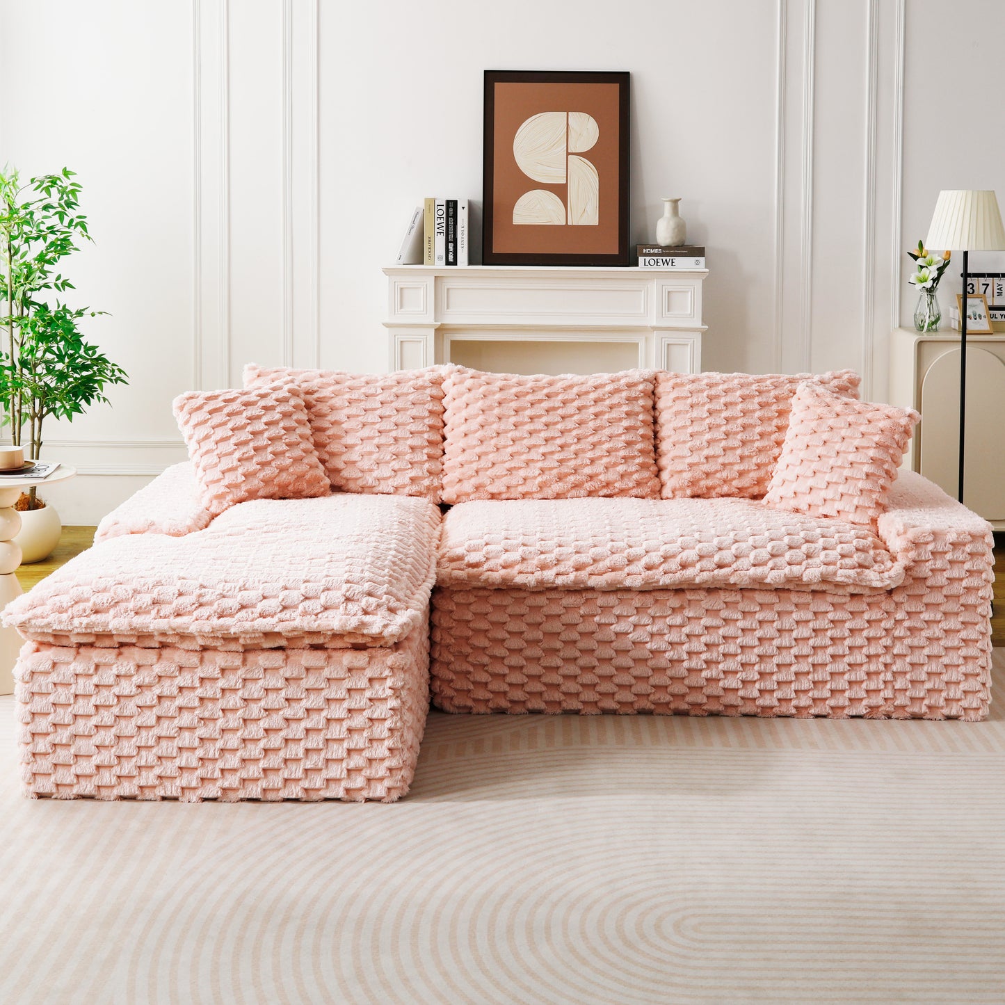 Convertible Pink Turtle Velvet Sofa with Left Chaise Lounge