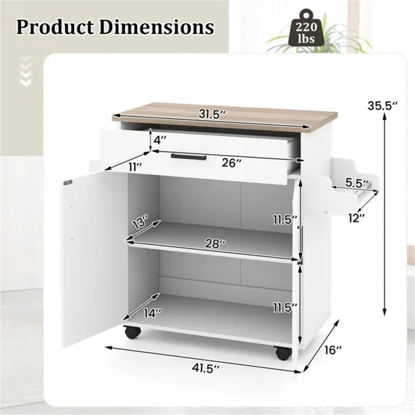 41.5" Rolling Kitchen Island Cart With Storage, White Drawer &