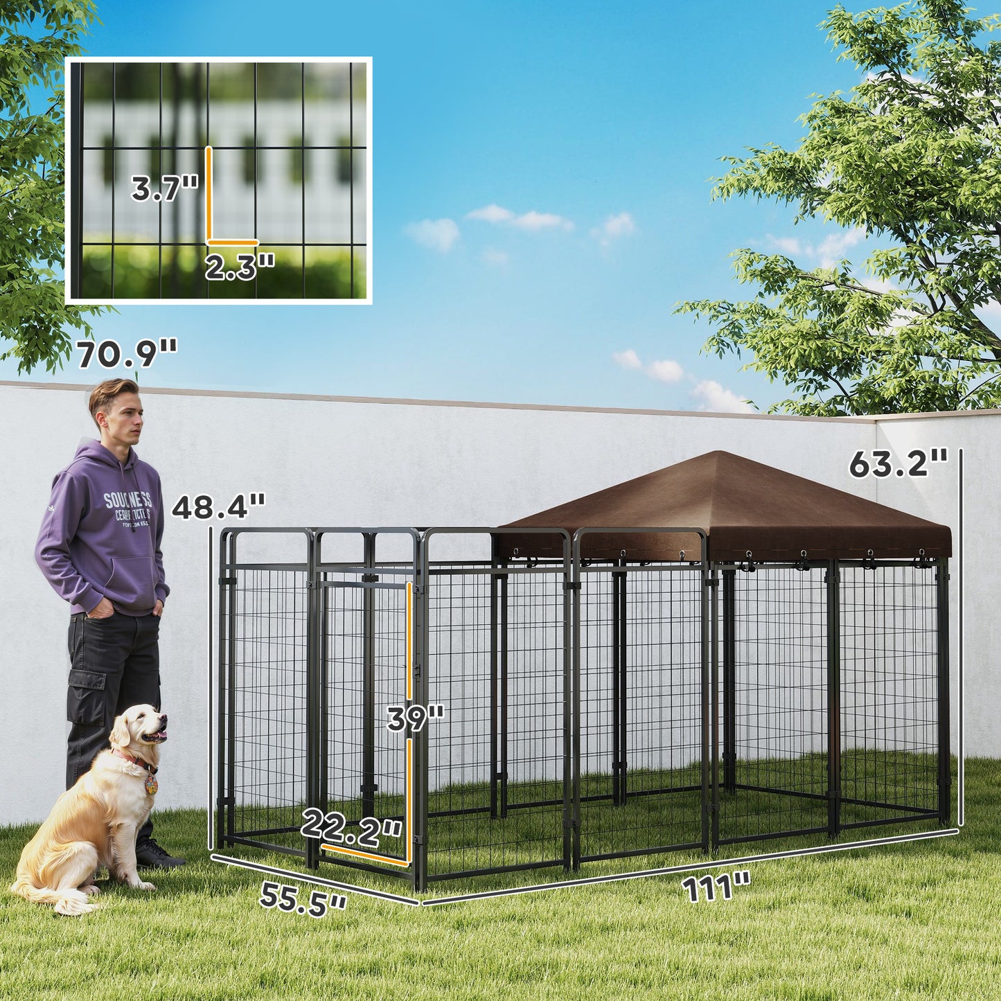 Outdoor Dog Kennel with Waterproof Canopy, Large & Medium Breeds, Secure Lock