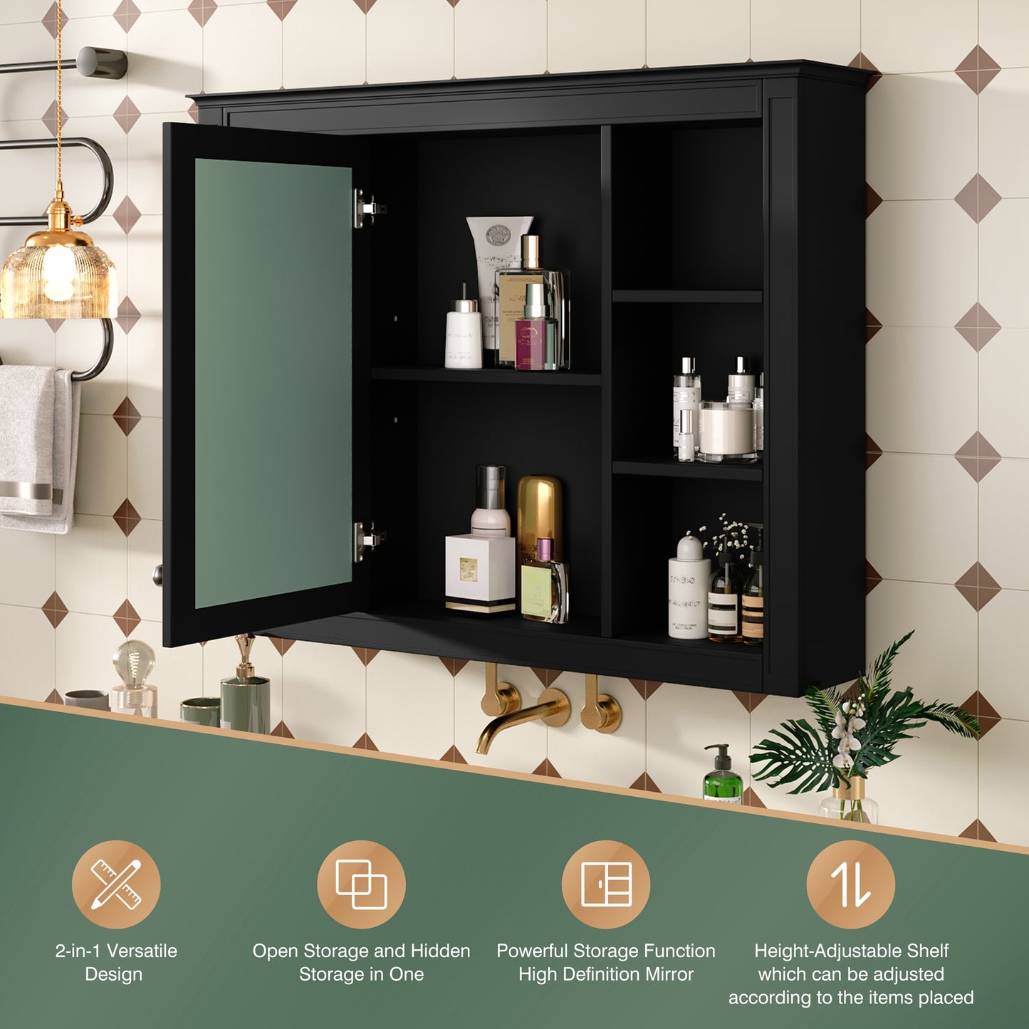 35'' x 28'' Wall Mounted Medicine Cabinet with Mirror - Black