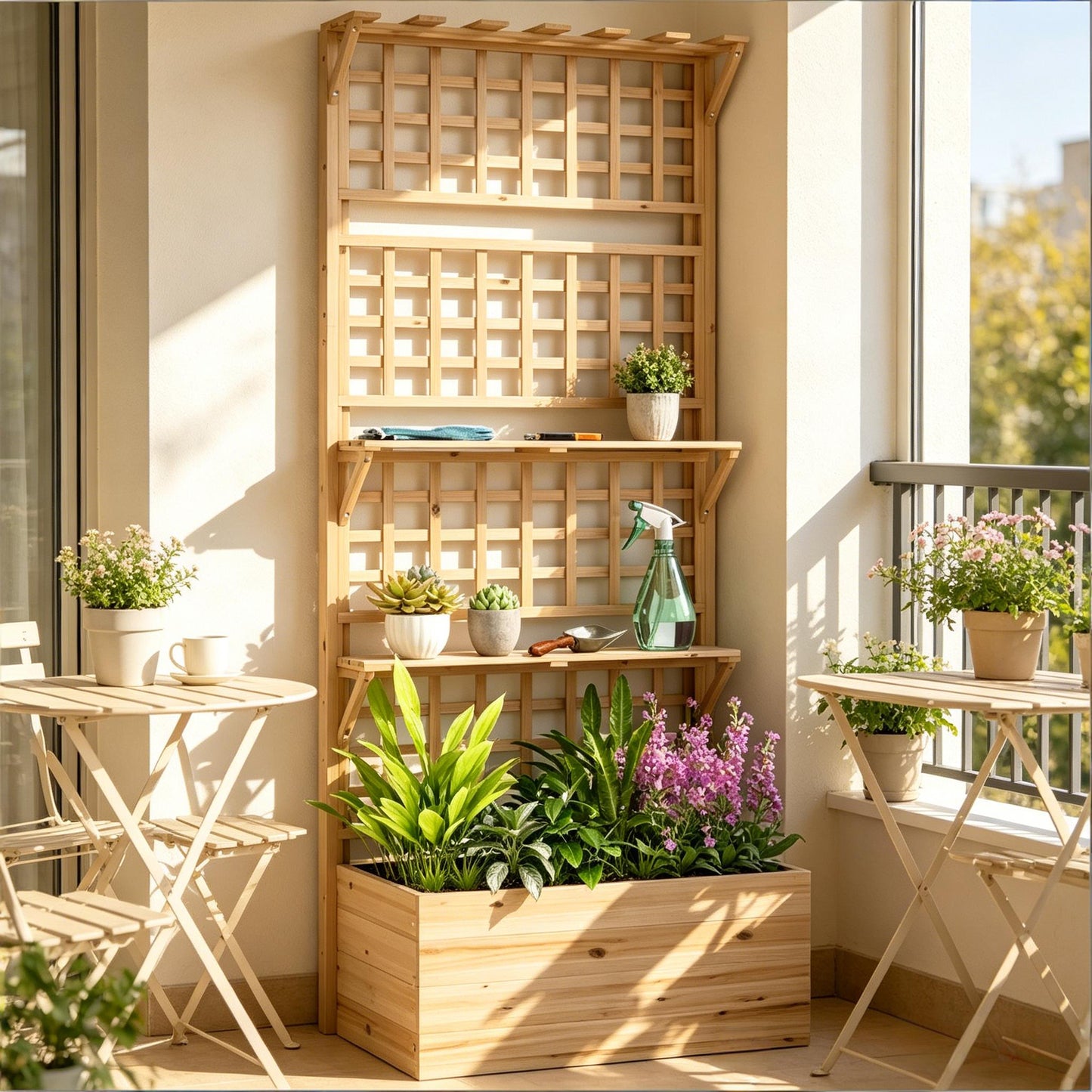 Elevated Wooden Planter Box with Trellis and Storage Shelves