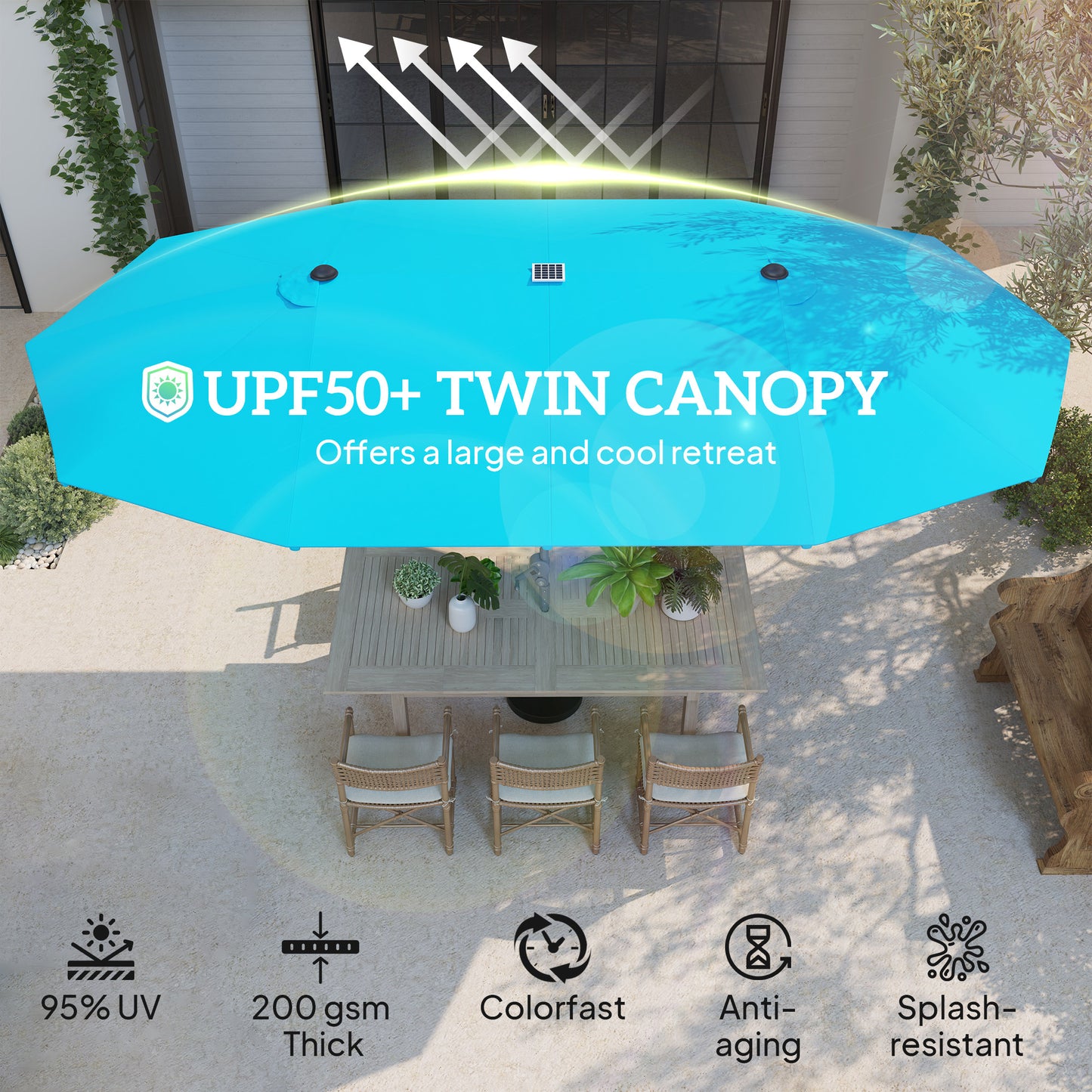 15ft Double-Sided Patio Umbrella with Solar Lights - Blue