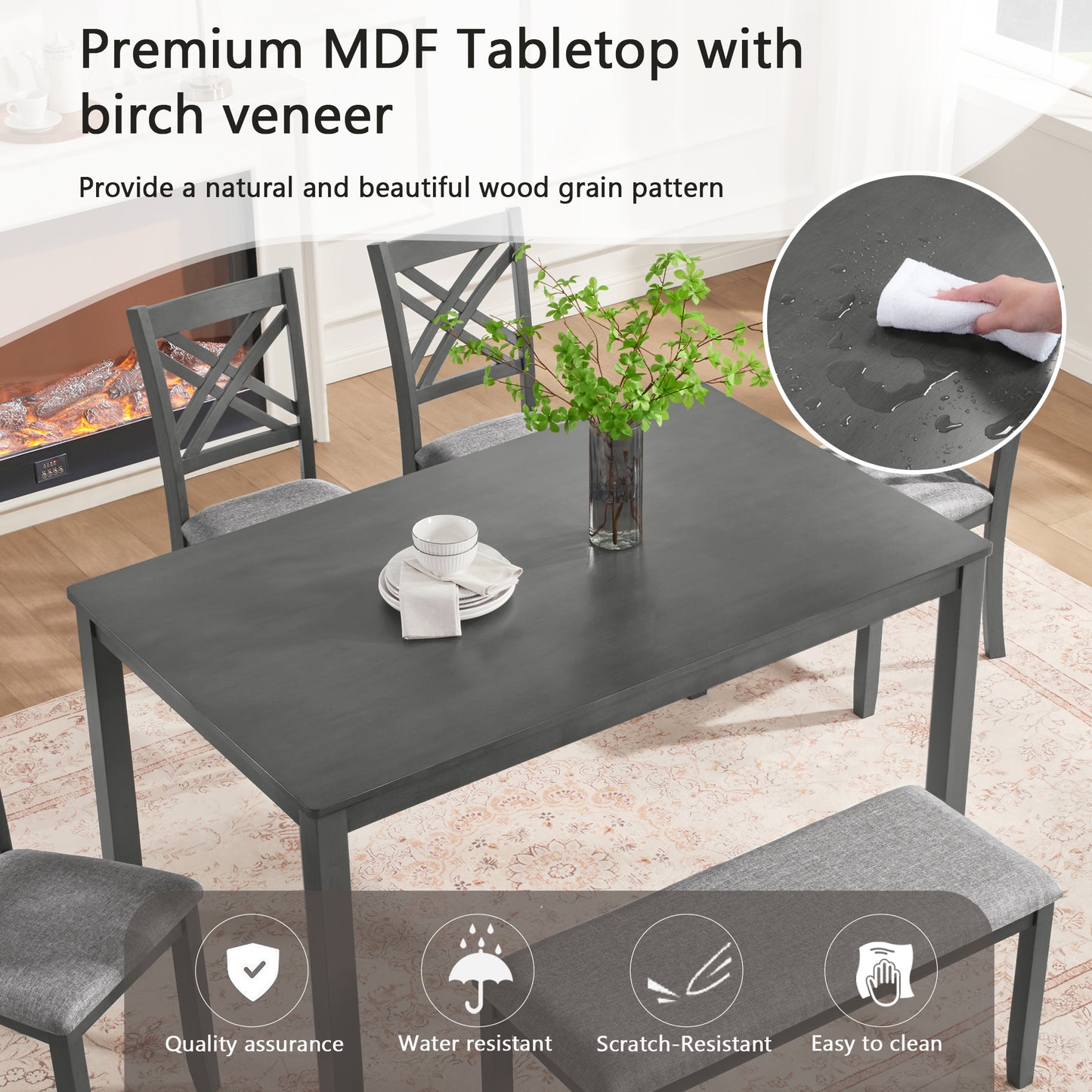Rectangular Dining Table Set for 6 - Wooden Table with Upholstered Chairs & Bench - Grey