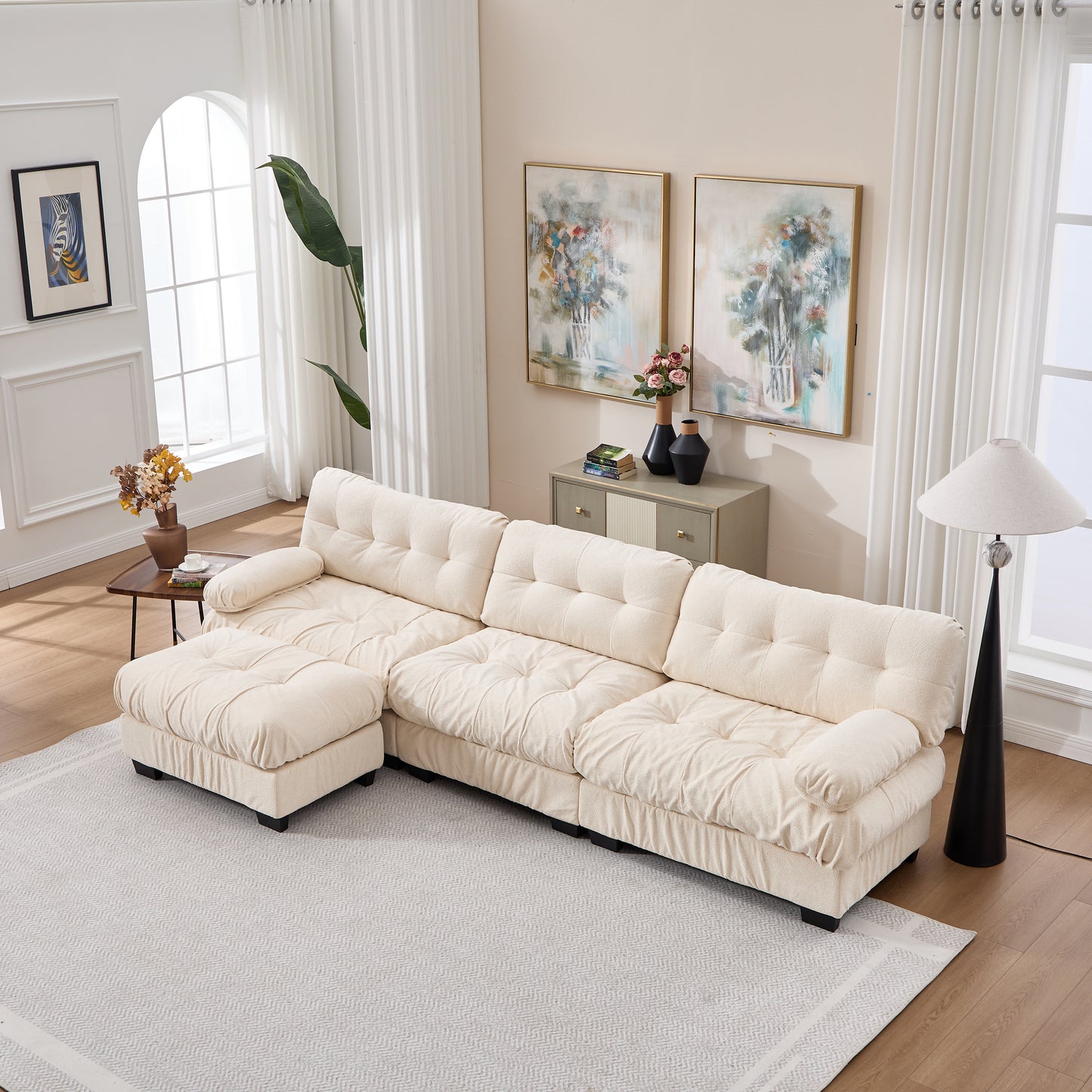 Modular Sectional Sofa - Oversized L-Shaped Couch with Ottoman - Beige