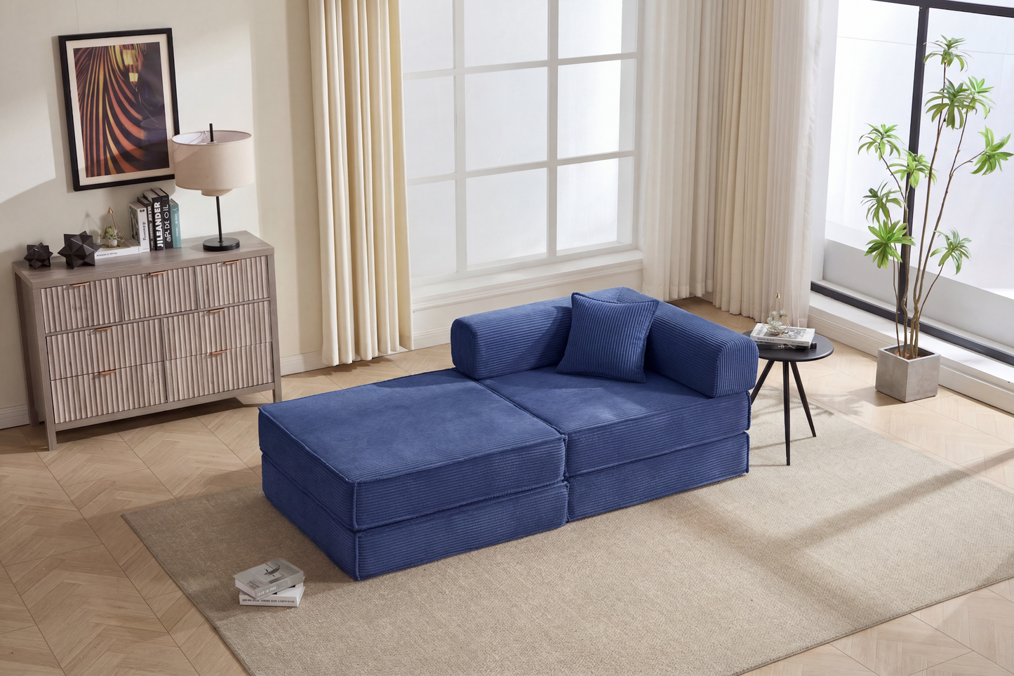 78" Modular Corduroy Convertible Sofa Bed with 2 Pillows - Navy Blue