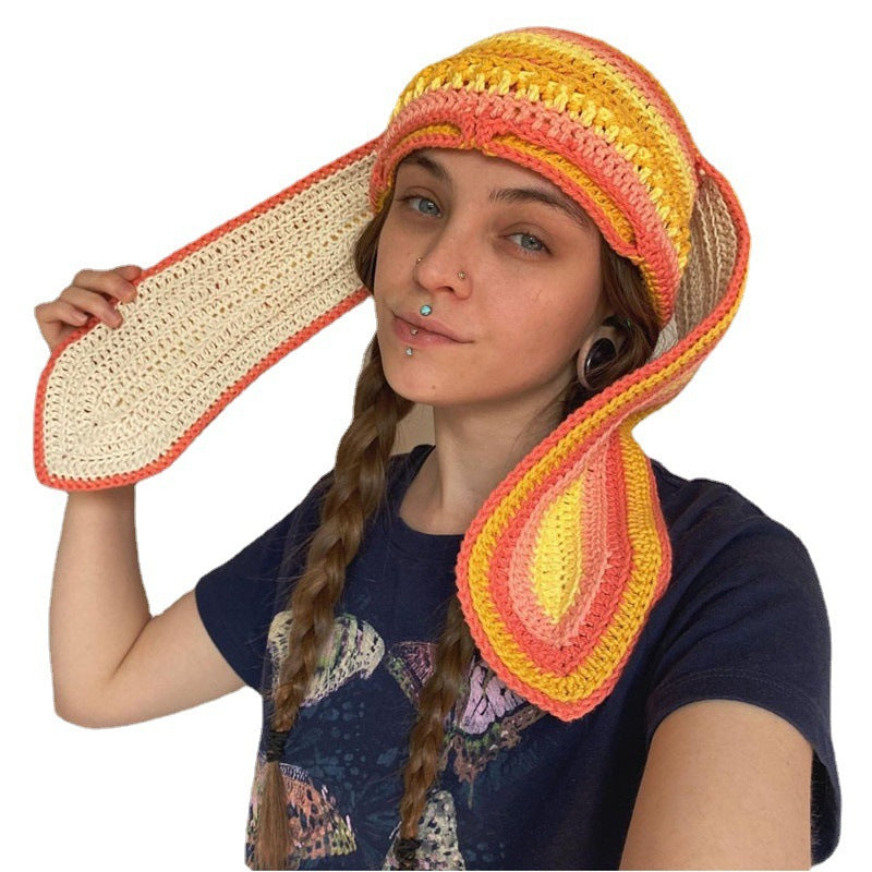 Knitted Rabbit Ear Mask Hat - Funny One-Eye Exposed Horn Thermal & Windproof