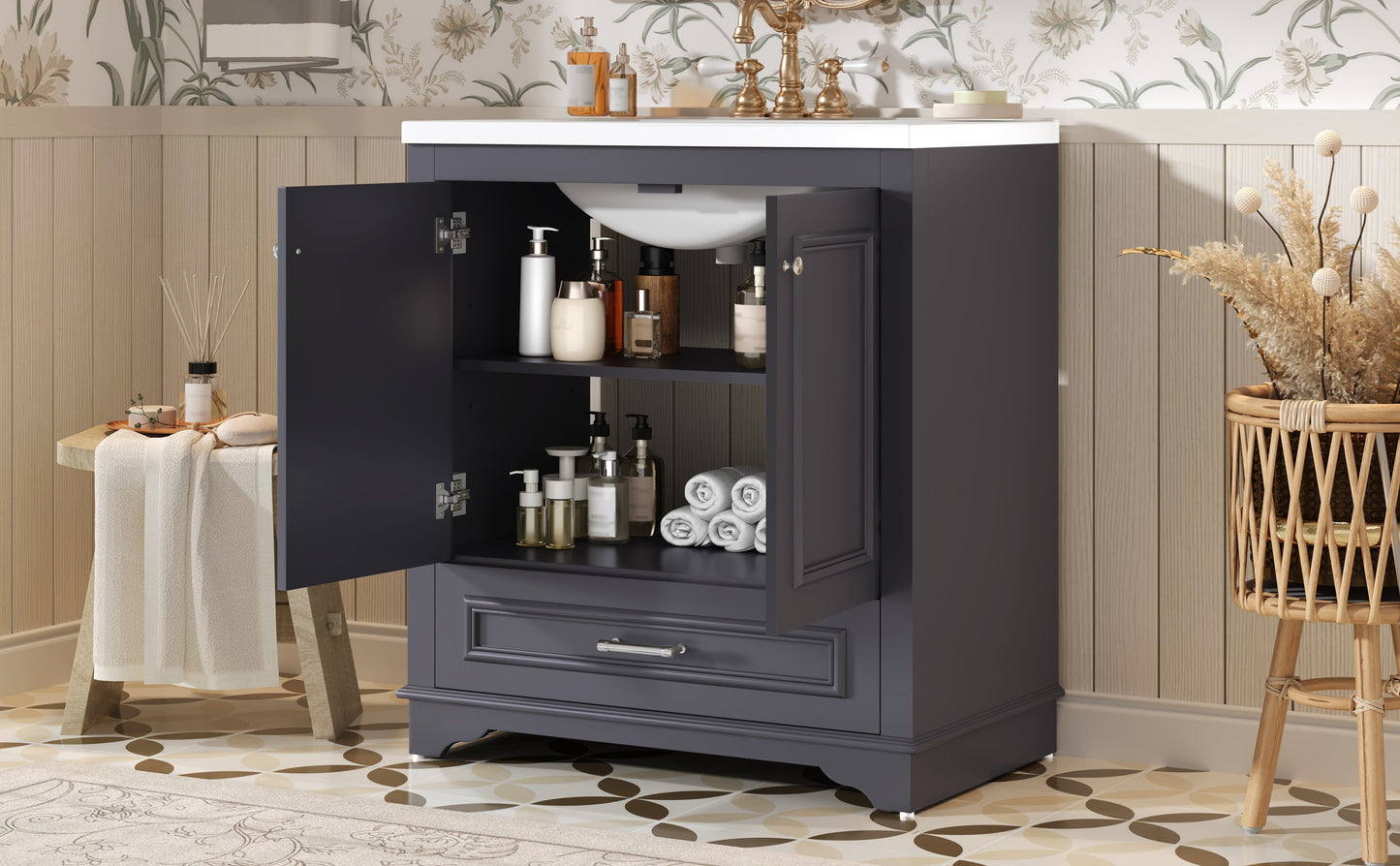 30" Blue Bathroom Vanity with Ceramic Sink & Soft Close Doors