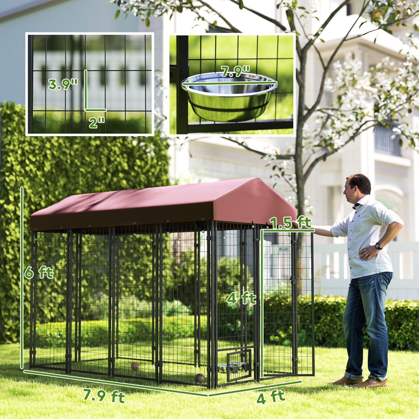 Outdoor Dog Kennel with Rotating Bowls and Waterproof Cover - 8x4x6 ft, Red