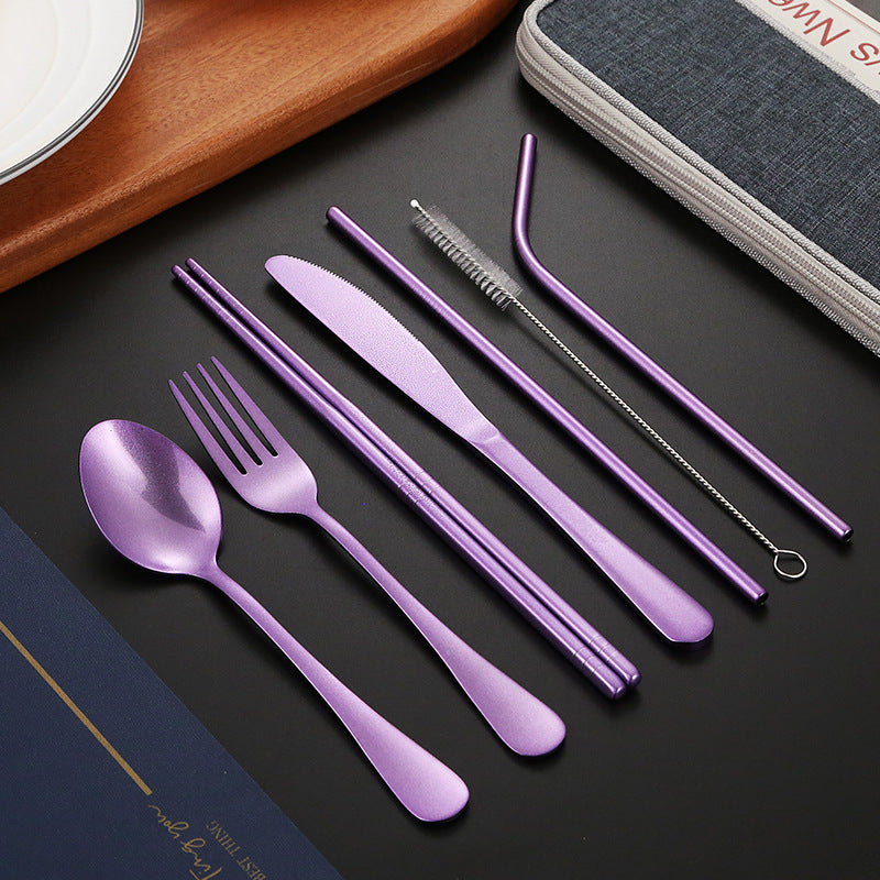Portable Stainless Steel Cutlery Set - Multi-Color, 8-Piece Travel Dinnerware
