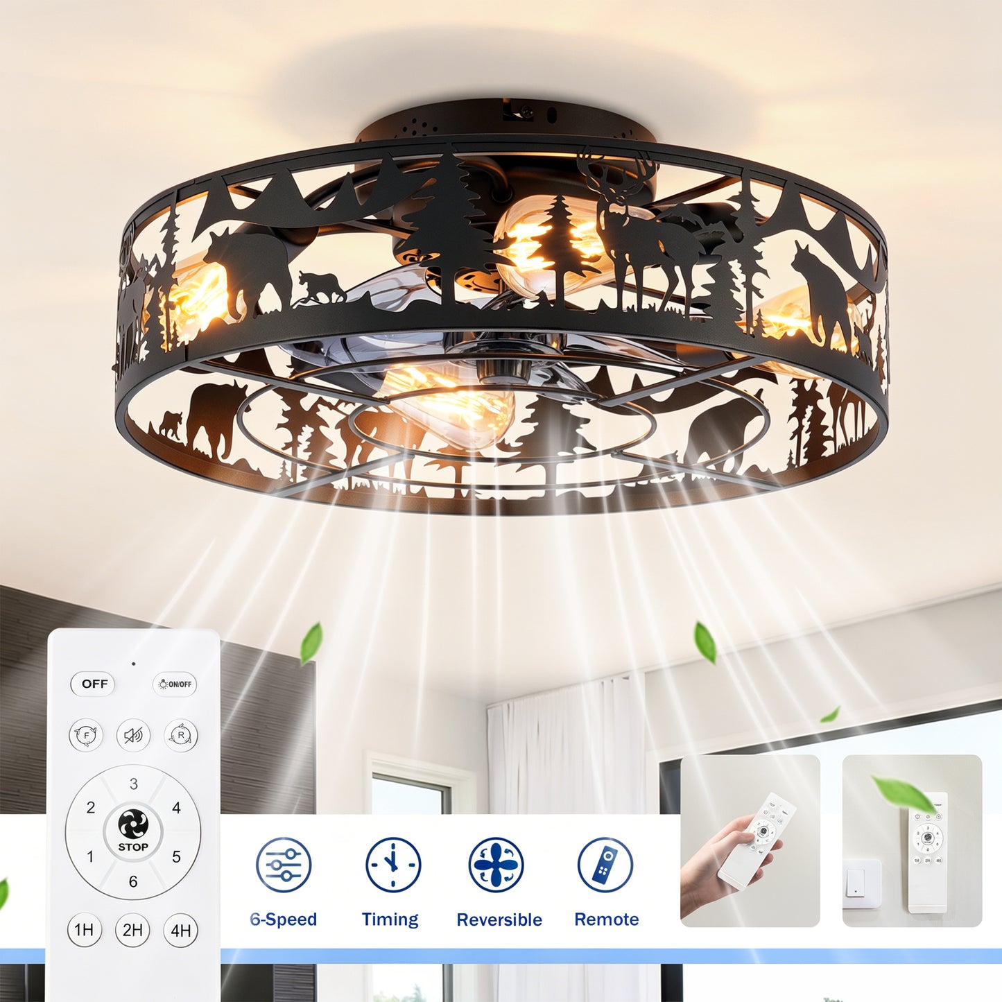 20in Matte Black Ceiling Fan with Remote Control - Reversible, 6 Speeds, Flush Mount, No Bulbs