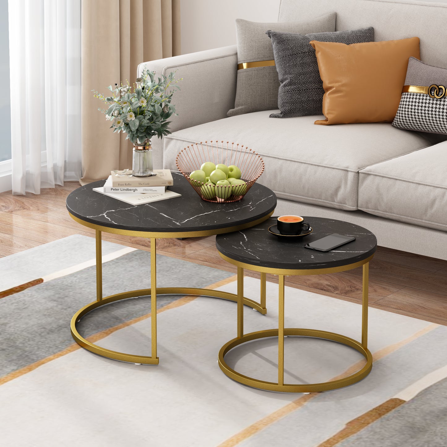 Nesting Coffee Table Set of 2 - Round Black+Gold Marble Top