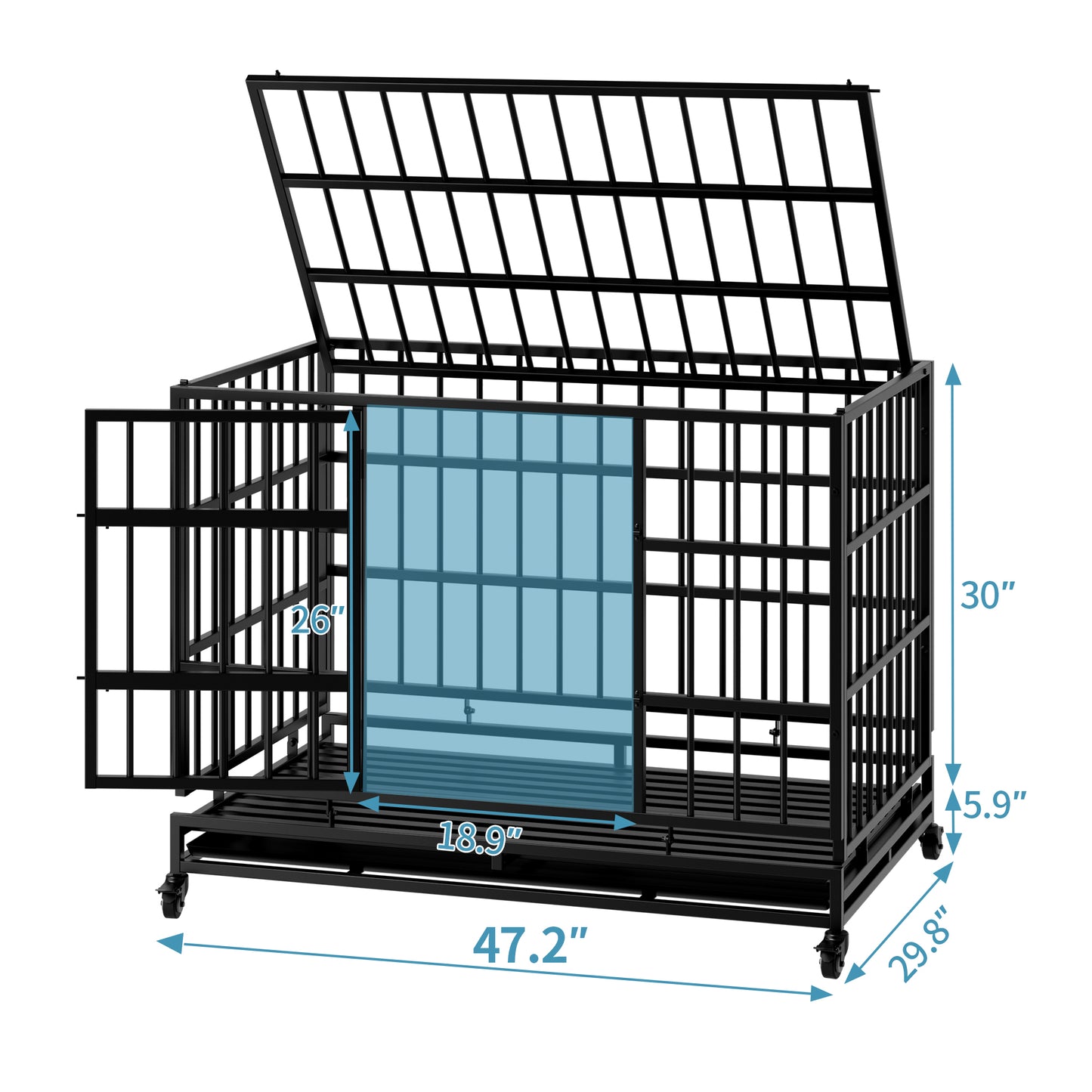 48 Inch Heavy Duty Dog Crate with Wheels - Metal Cage for Large & Medium Dogs