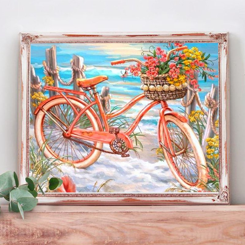 Diamond Painting Full Square Kit for Home & Crafts - Beach Bicycle Design