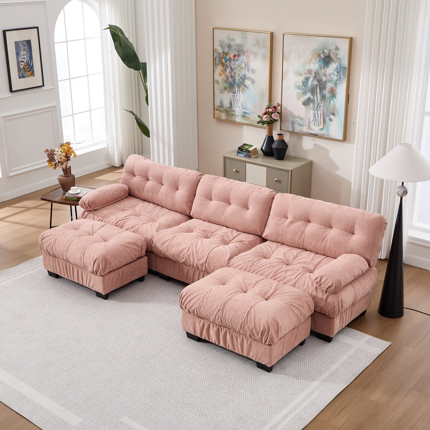 U Shaped Modular Sectional Sofa - Pink Cloud Couch with 5 Pillows