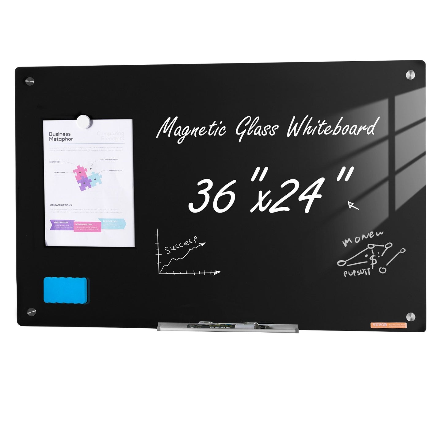 Magnetic Glass Dry Erase Board - 36"x24" Frameless with Marker Tray