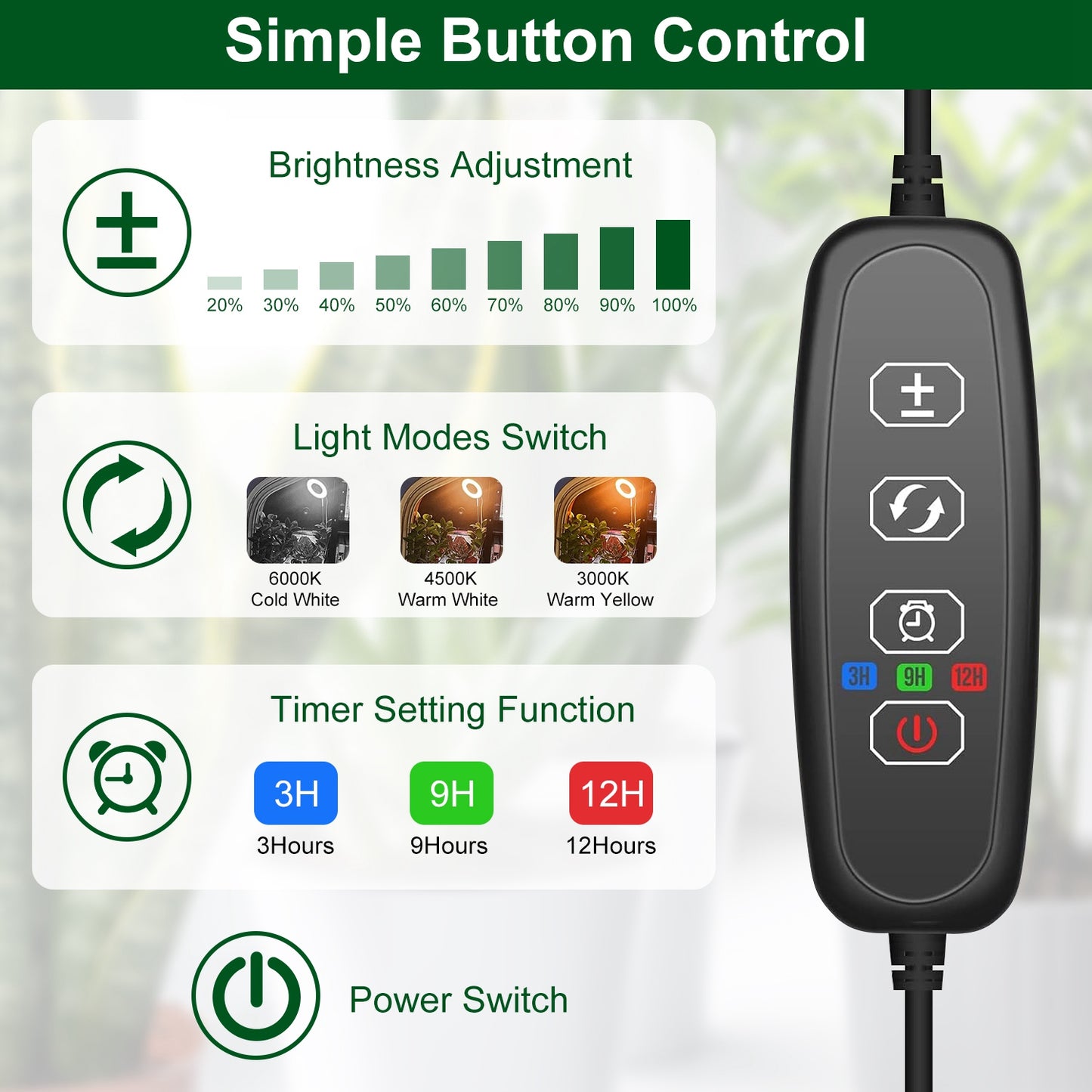 Indoor Plant Grow Light LED Full Spectrum with Auto Timer & Dimmable Brightness