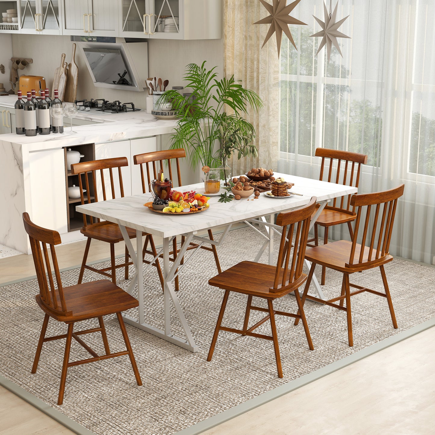Farmhouse Dining Chairs Set of 4 - Light Brown Rubber Wood