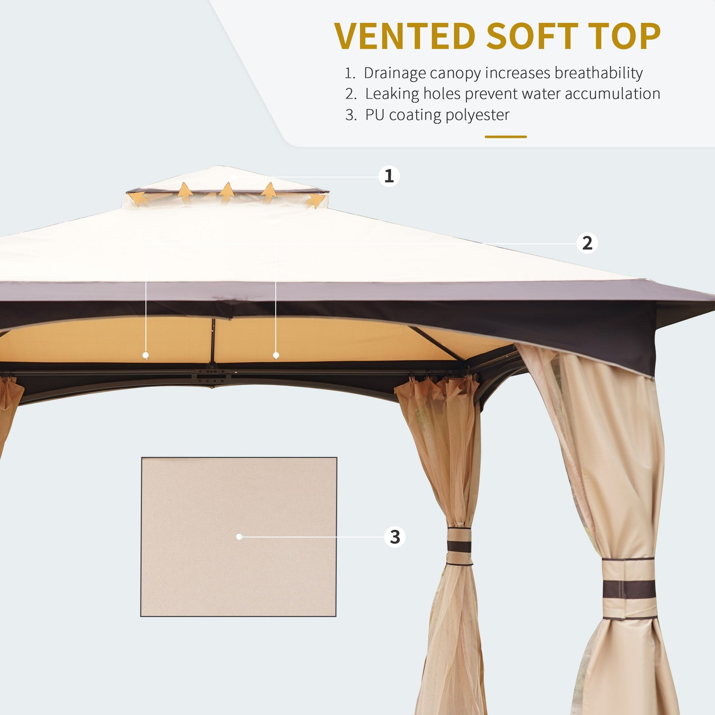 10x12 Outdoor Gazebo Canopy with Netting - Beige/Brown