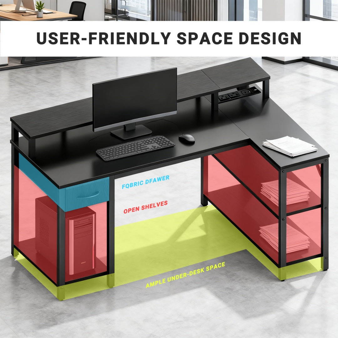 L-Shaped Gaming Table with USB Charging & LED Light