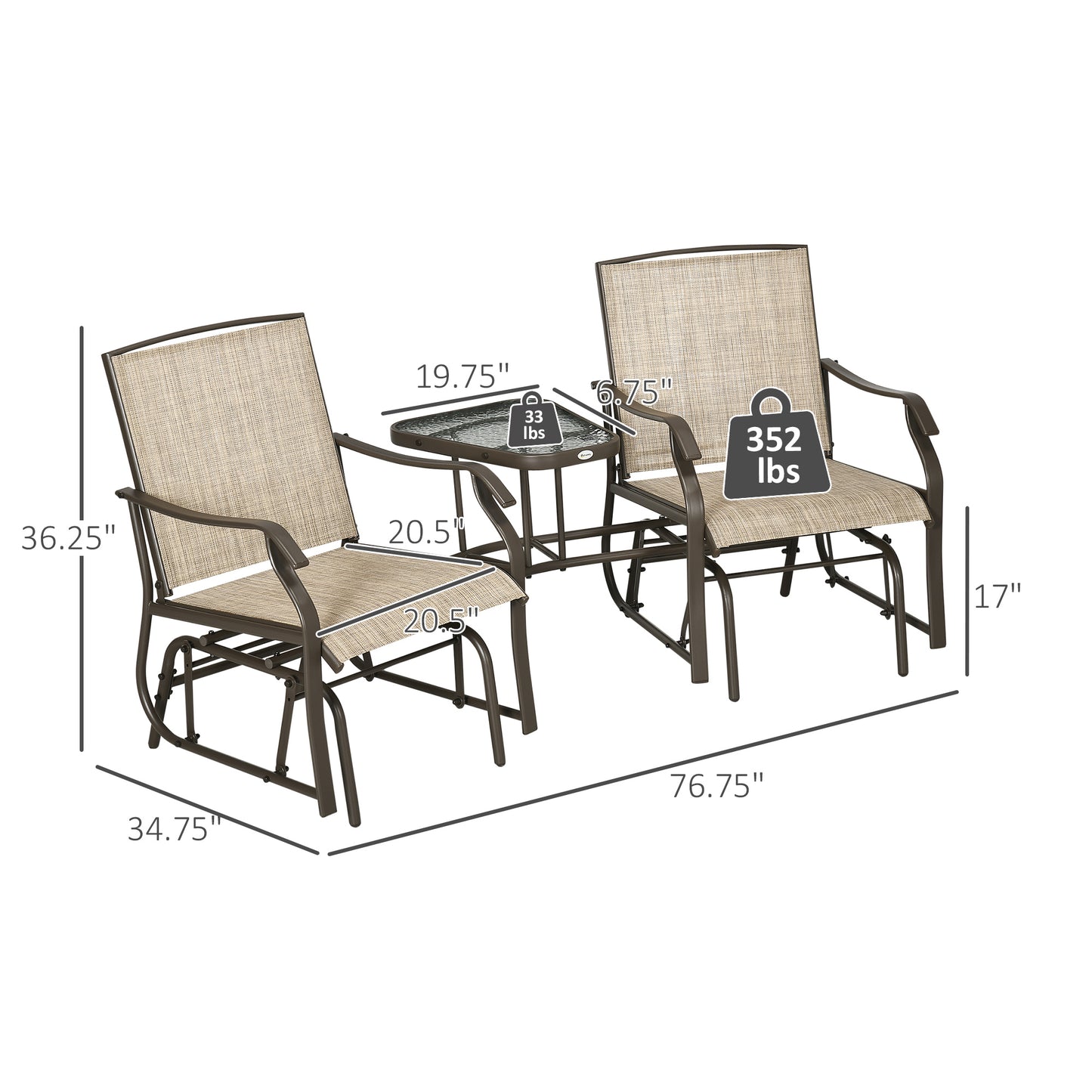 Outdoor Glider Chair with Coffee Table - 2-Seat Rocking Loveseat