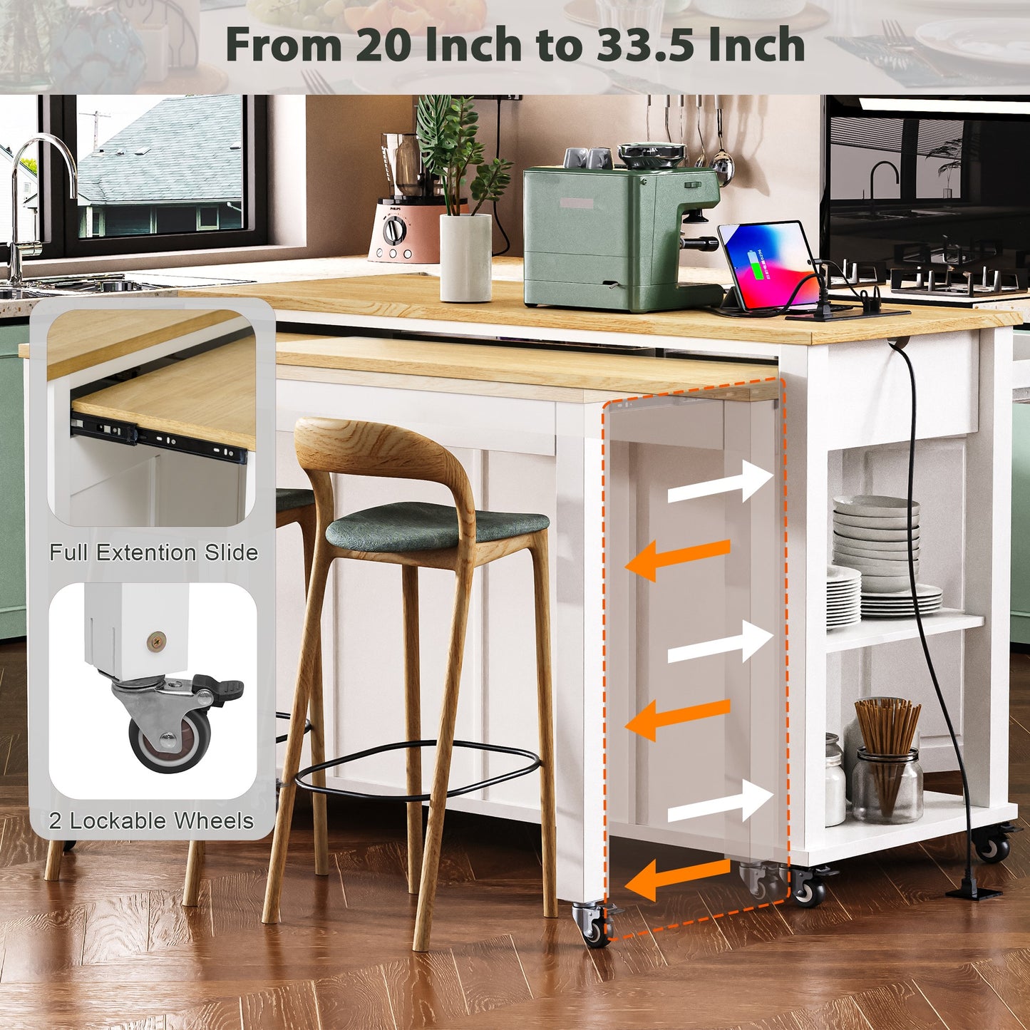 K&K 47 Inch Kitchen Island With Extendable Dining Table, Rubber Wood