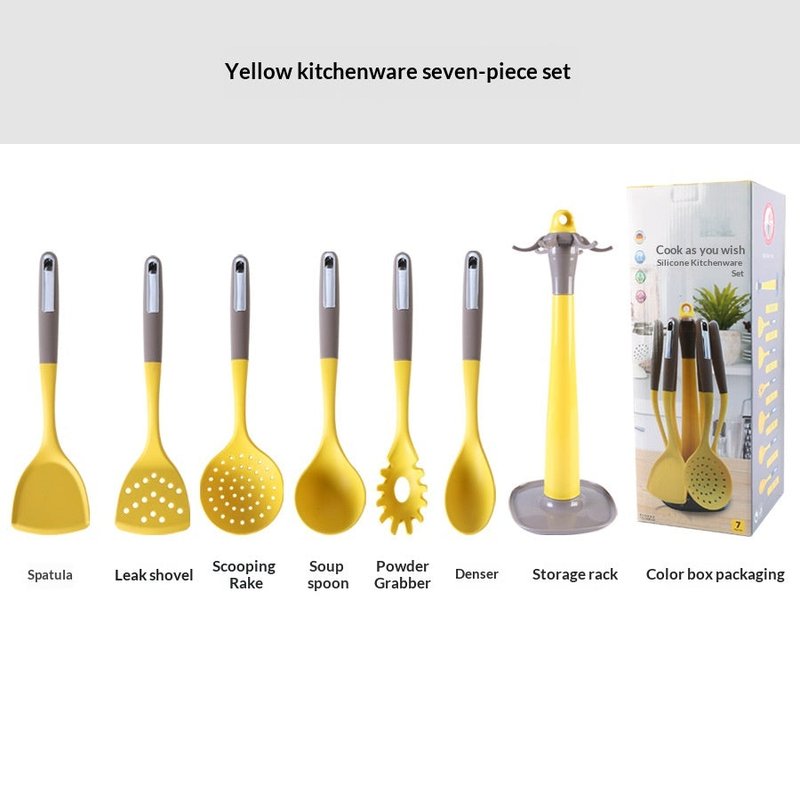 Silicone Kitchenware Set with 7 Utensils and Storage Rack - Multi-Color