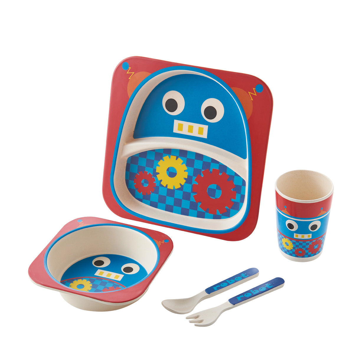 Baby Bamboo Tableware Set 5pcs - Cartoon Childrens Dinnerware for Kids