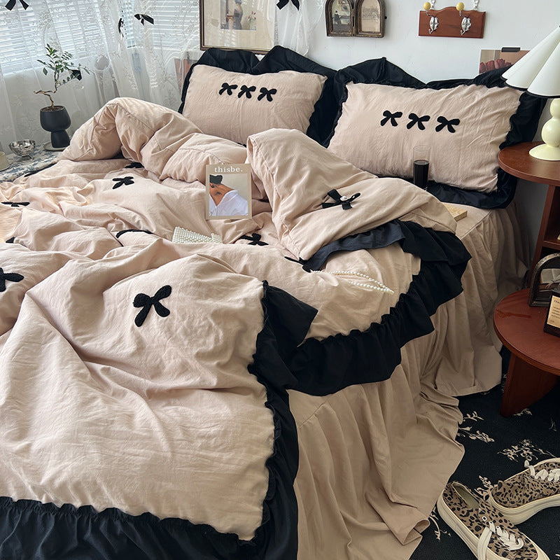 Cream Ins Girl Bow Lace Cotton Bedding Set - Multiple Sizes & Patterns