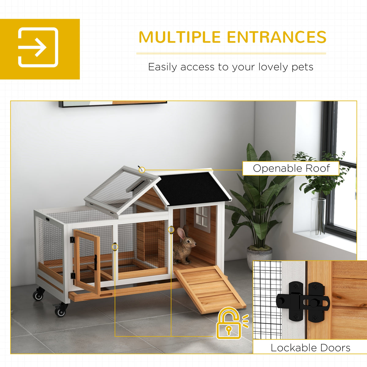 Wooden Rabbit Hutch with Wheels and Run for Small Animals - Yellow