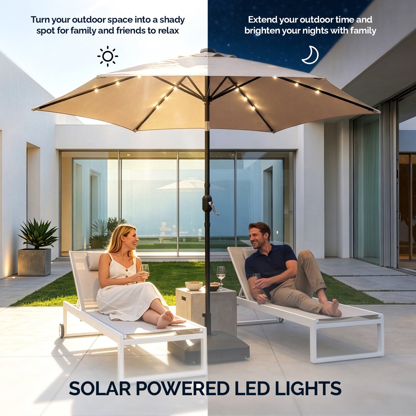 9ft Waterproof Solar LED Patio Umbrella with Tilt & Crank - Beige