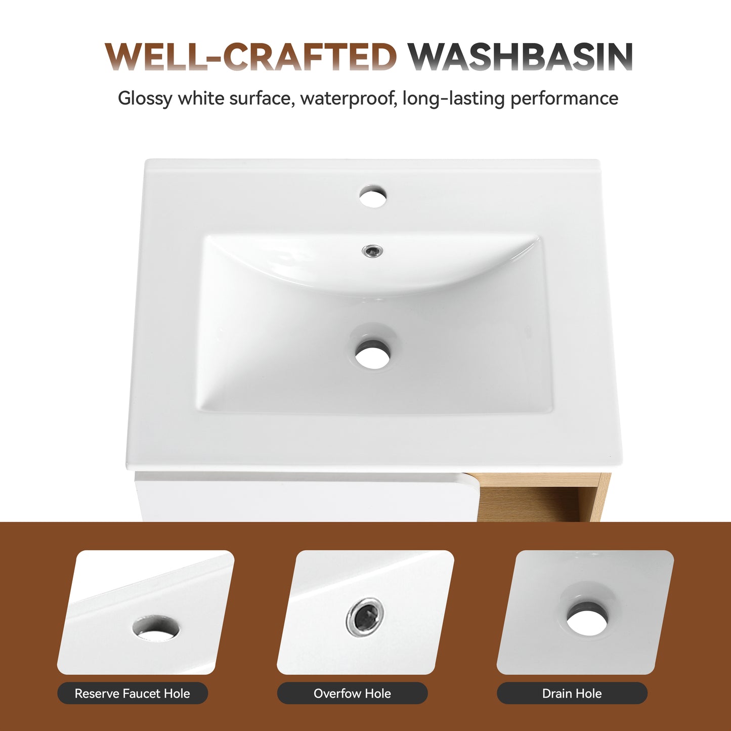 24" Light Oak Bathroom Vanity with Ceramic Sink & Open Shelves