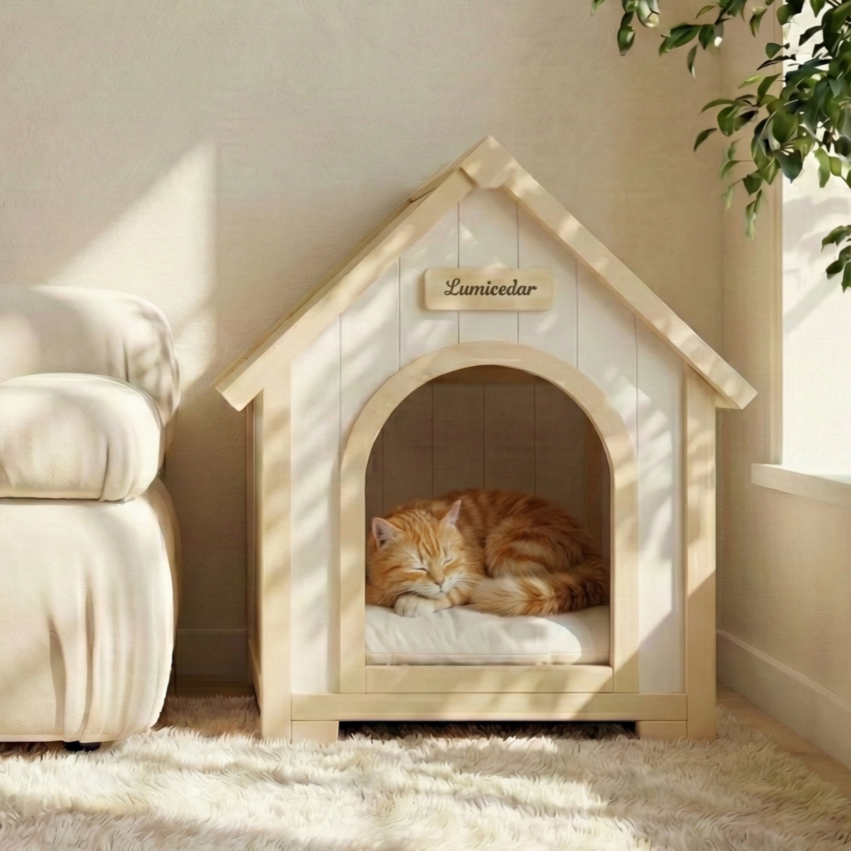 Indoor Wooden Dog House with EVA Cushion - Small Pet Shelter in Creamy White