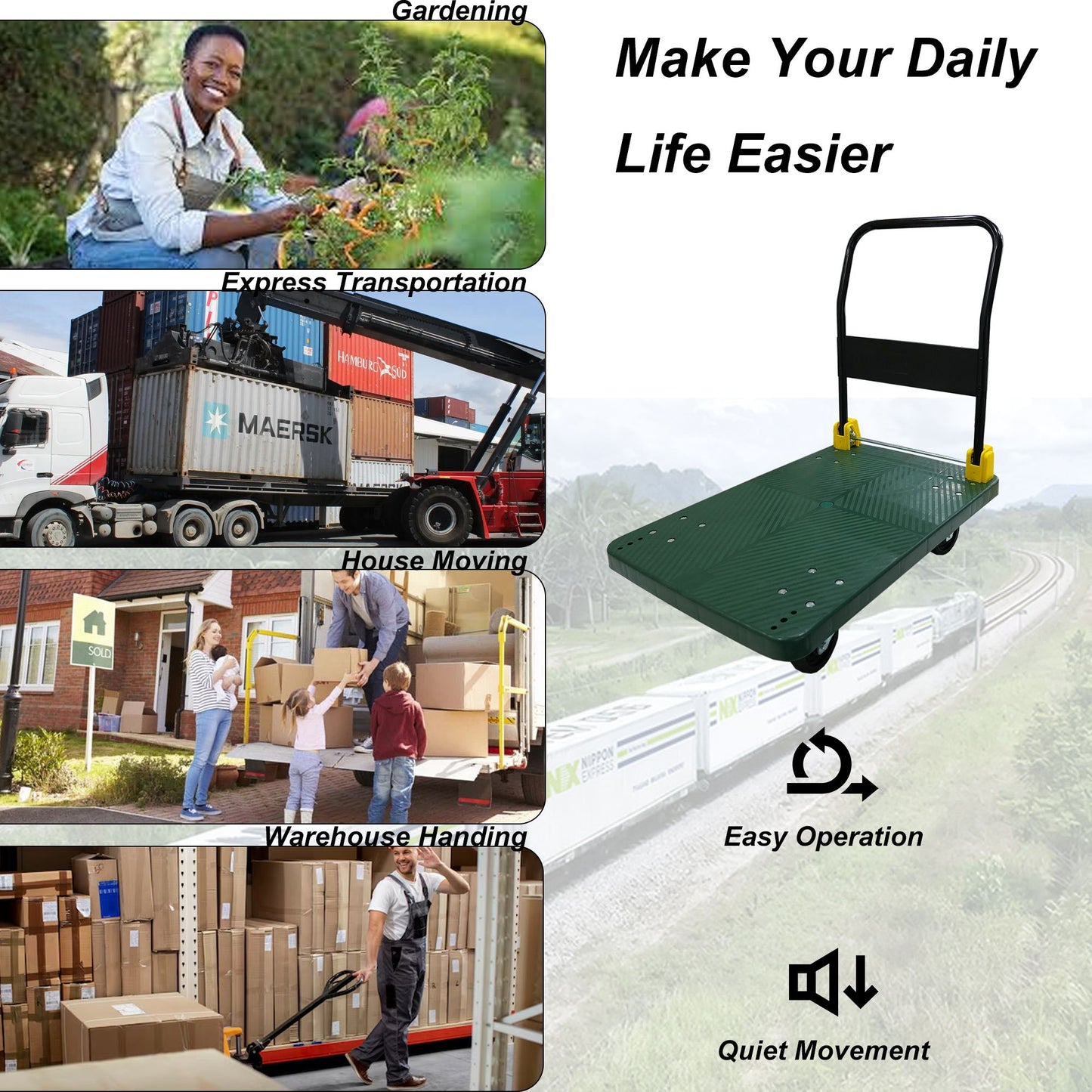 Foldable Push Hand Truck Cart - 880 Lbs Capacity, Green