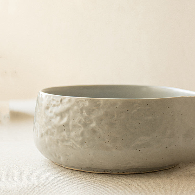 Round Ceramic Fruit Salad Bowl with Ripple Design - Grey