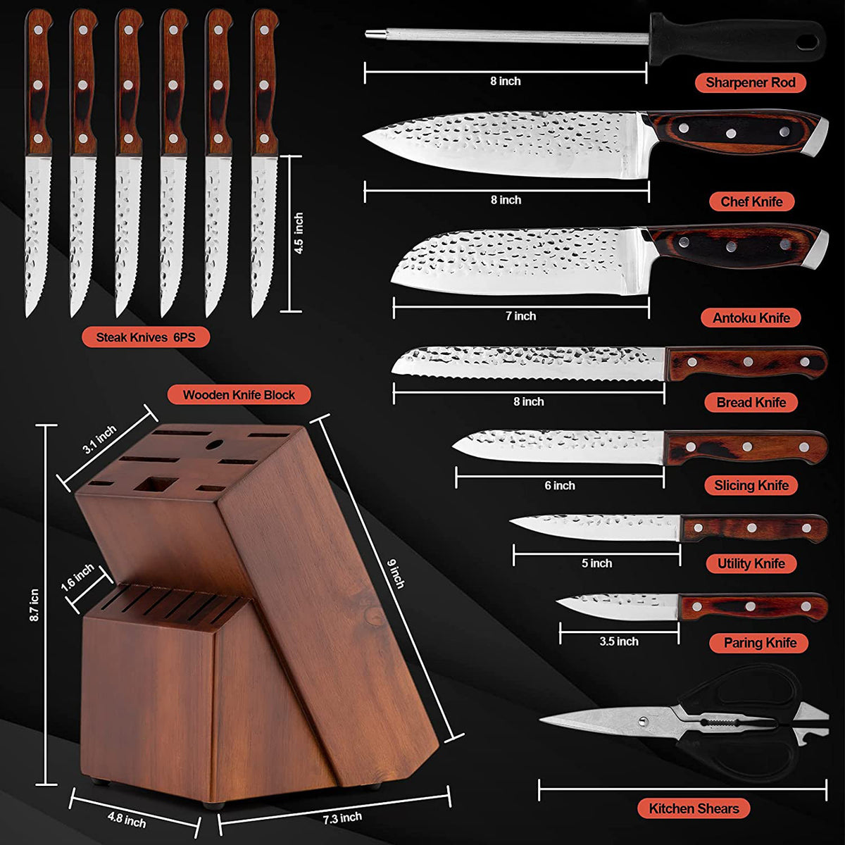 15-Piece Hammered and Forged Chef's Knife Set with Knife Holder