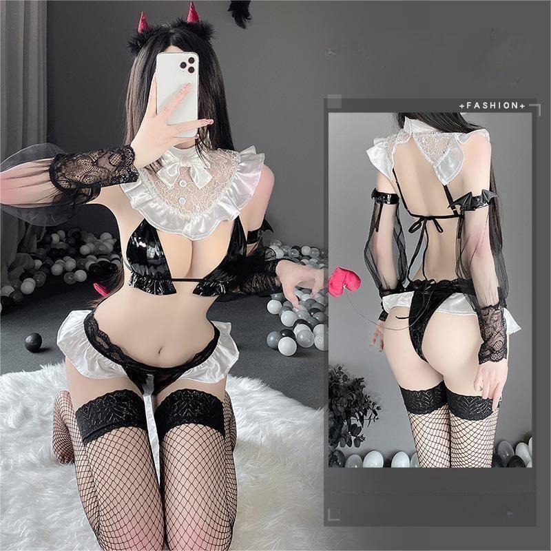 Women's Lingerie Set with Headband and Tail - Black Uniform Style