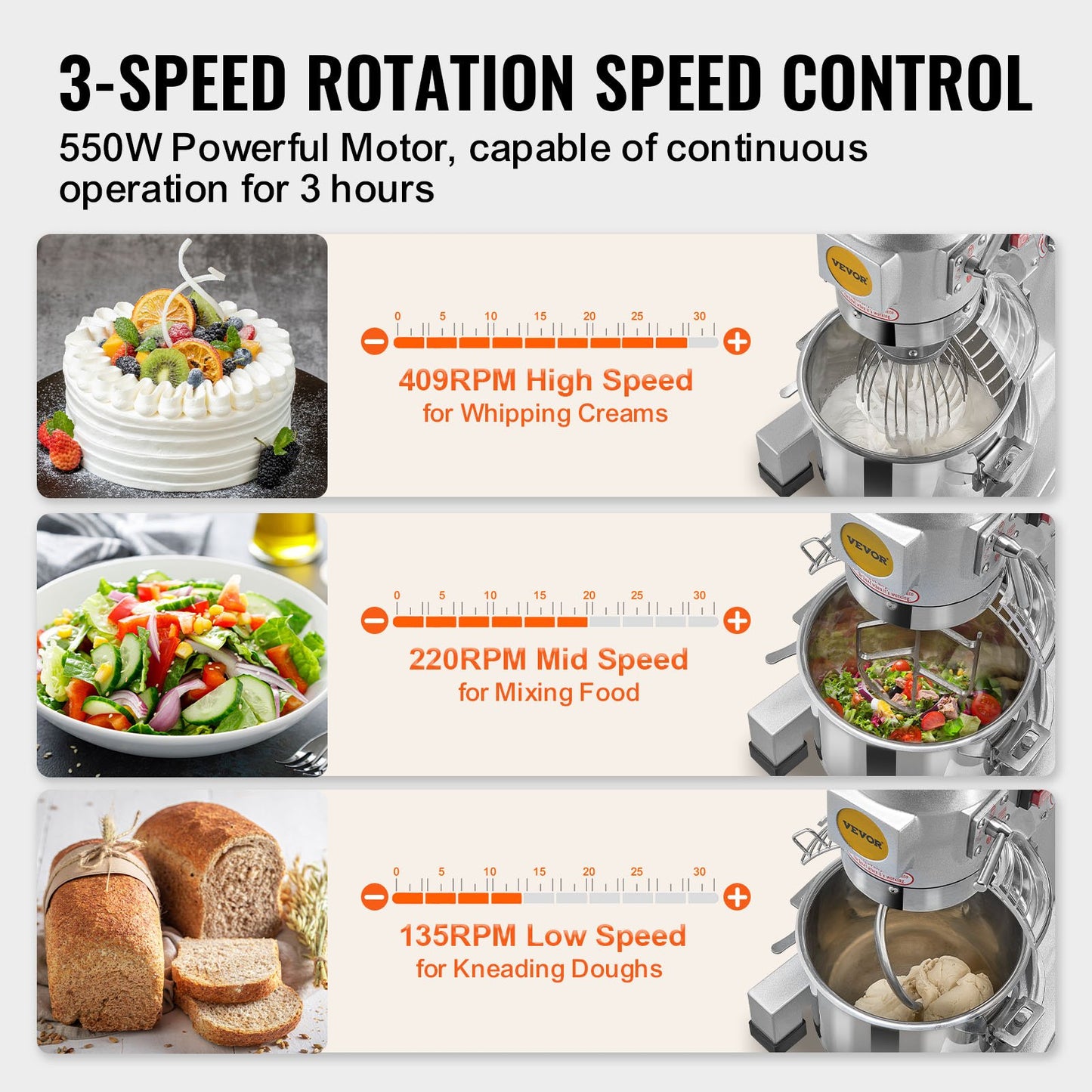 10L Commercial Stand Food Mixer with 3 Speeds and Timer - Silver
