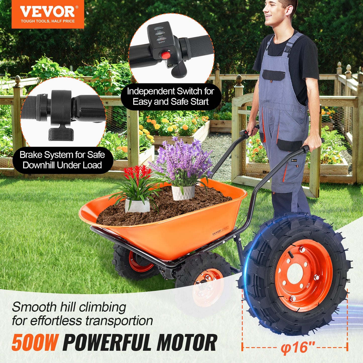 Electric Wheelbarrow Cart 500W Powered Garden Wagon with 573 Lb Capacity