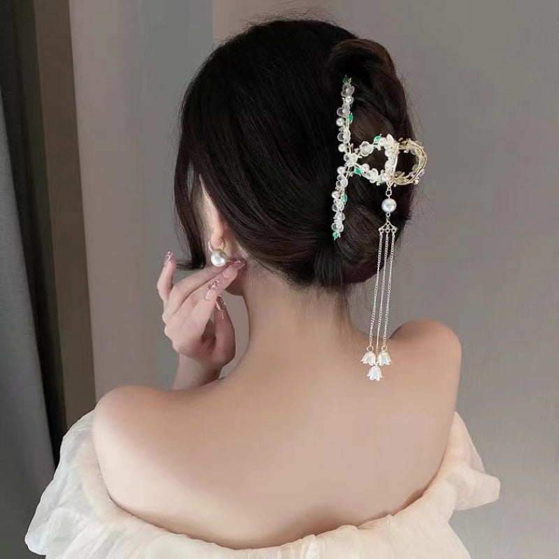 Antique Metal Hair Clip with Tassel & Pearl Detail