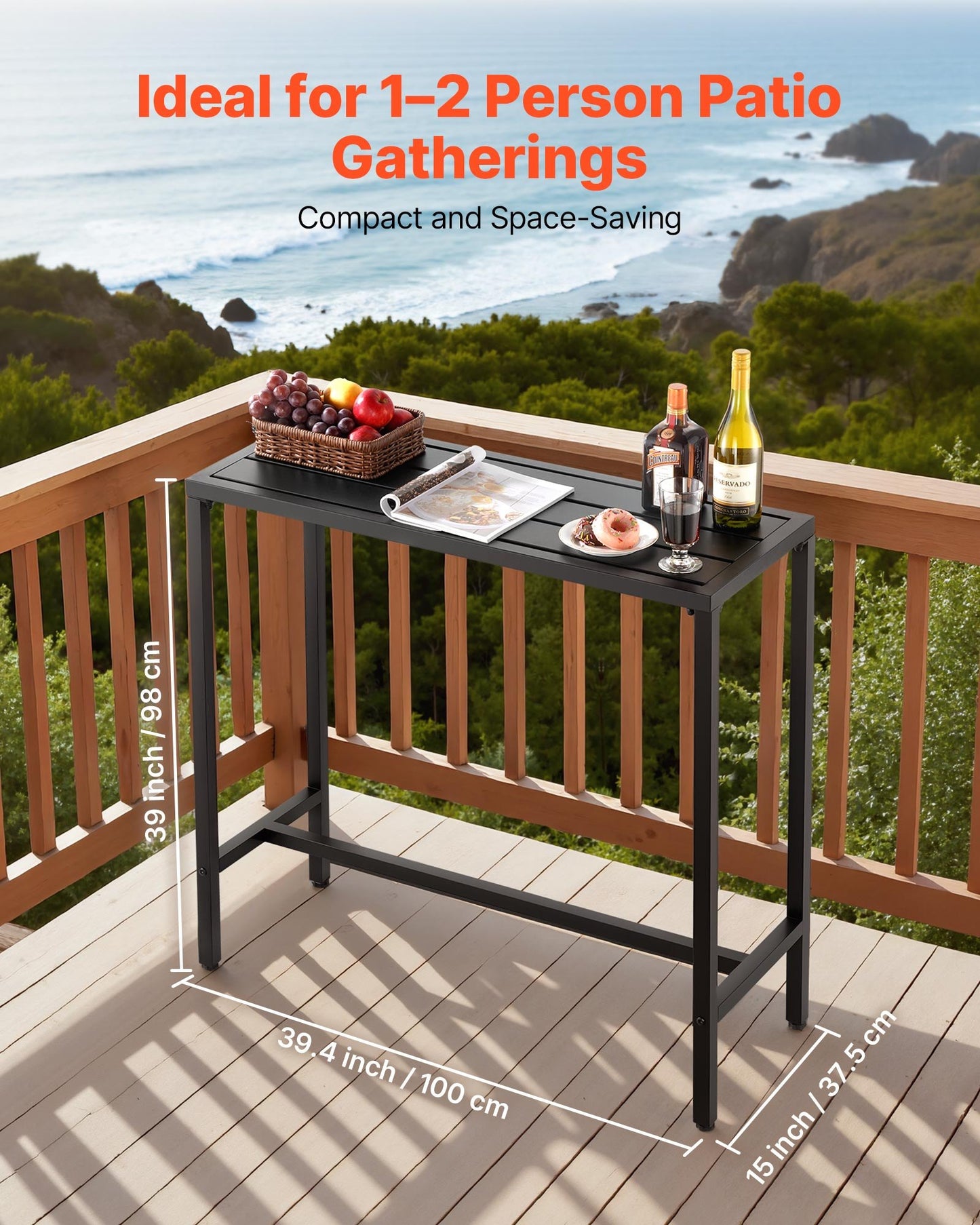 Outdoor Bar Table Waterproof 39.4x15 Inch Patio Dining Counter with Steel Frame - Black