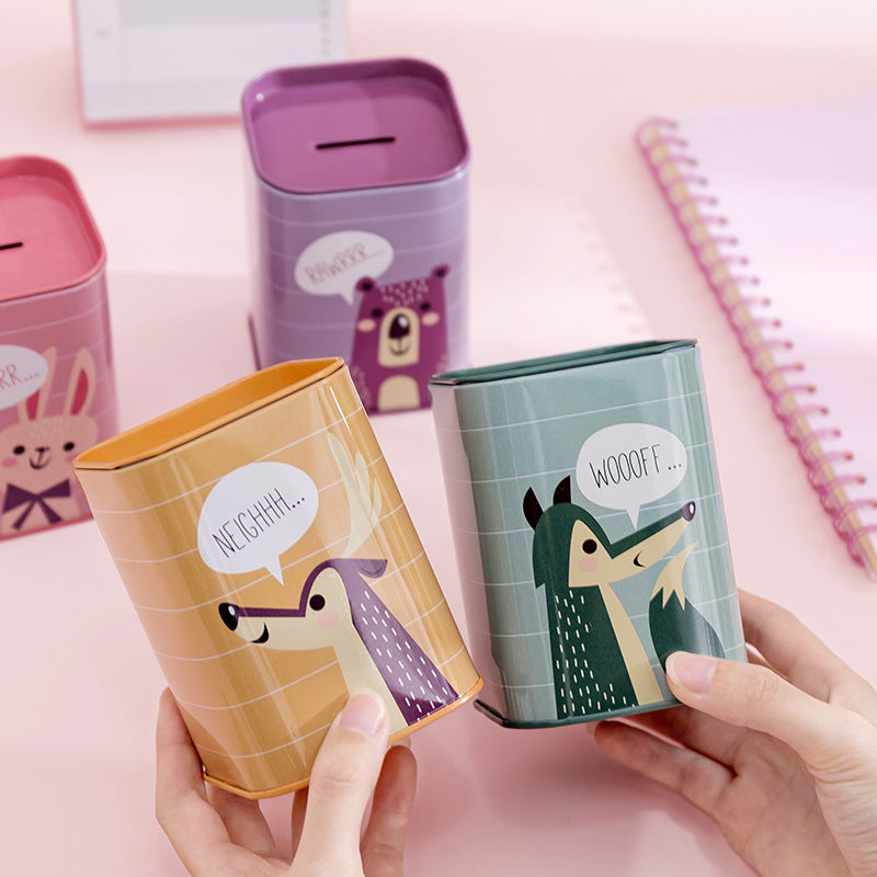Square Metal Piggy Bank - Animal & Little Girl Series, Coin & Pen Storage