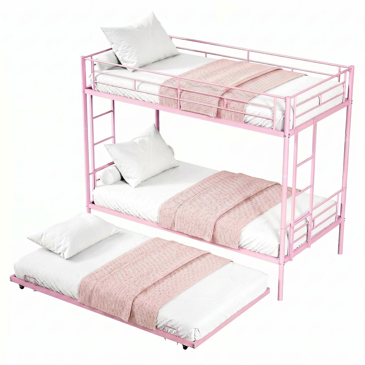 Twin Over Twin Bunk Bed with Trundle, Dual Ladder & Safety Rails