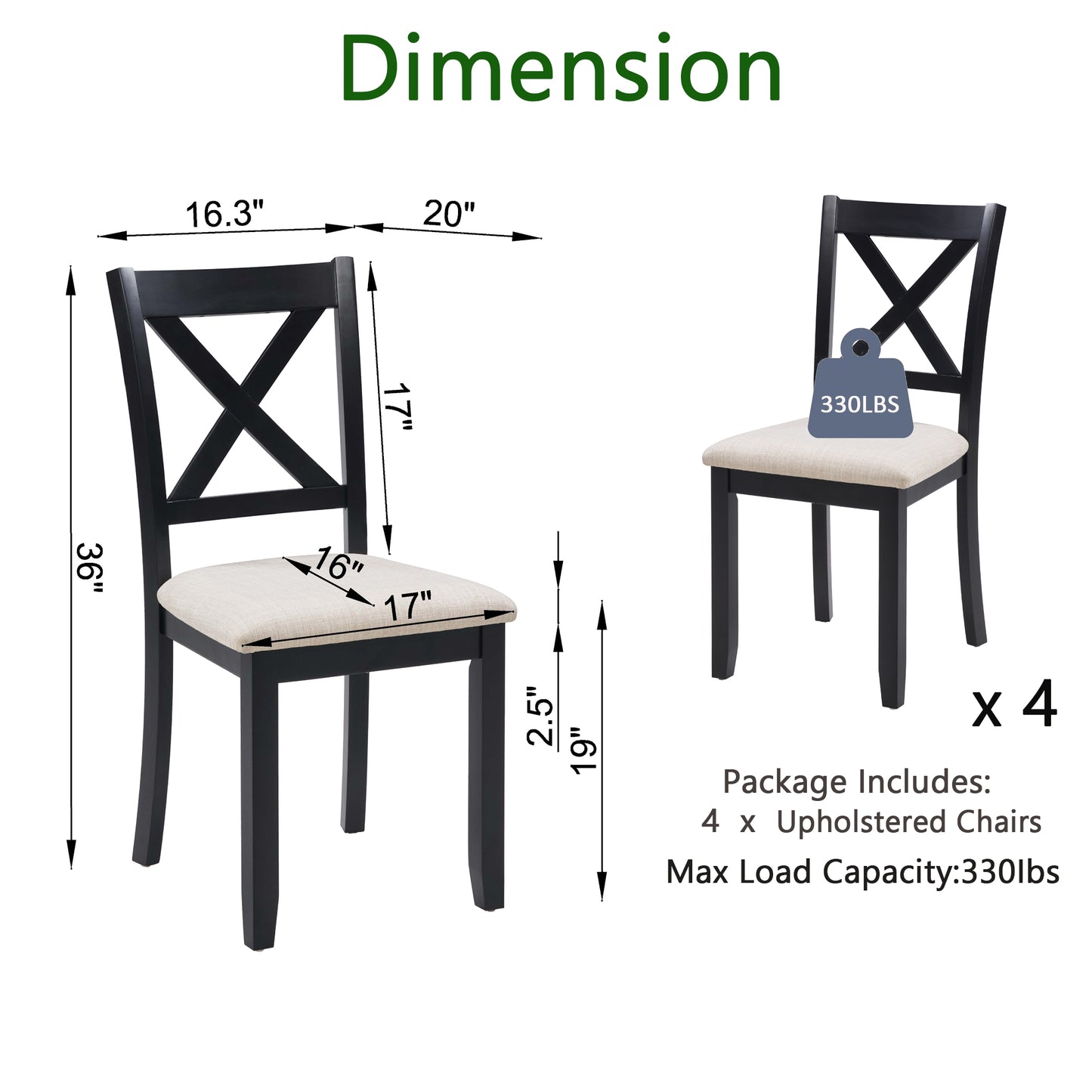 Wooden Dining Chairs Set of 4 with Padded Seat - Black & Beige