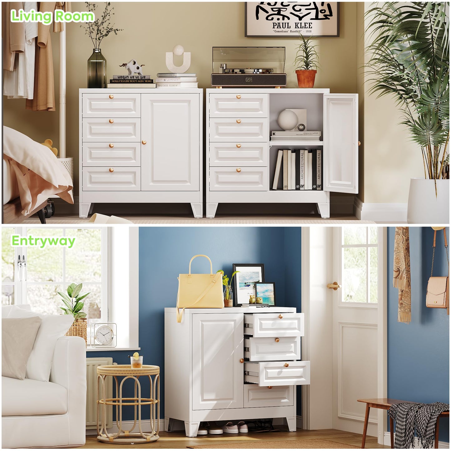 Metal Bathroom Storage Cabinet with 4 Drawers & Shelves - White