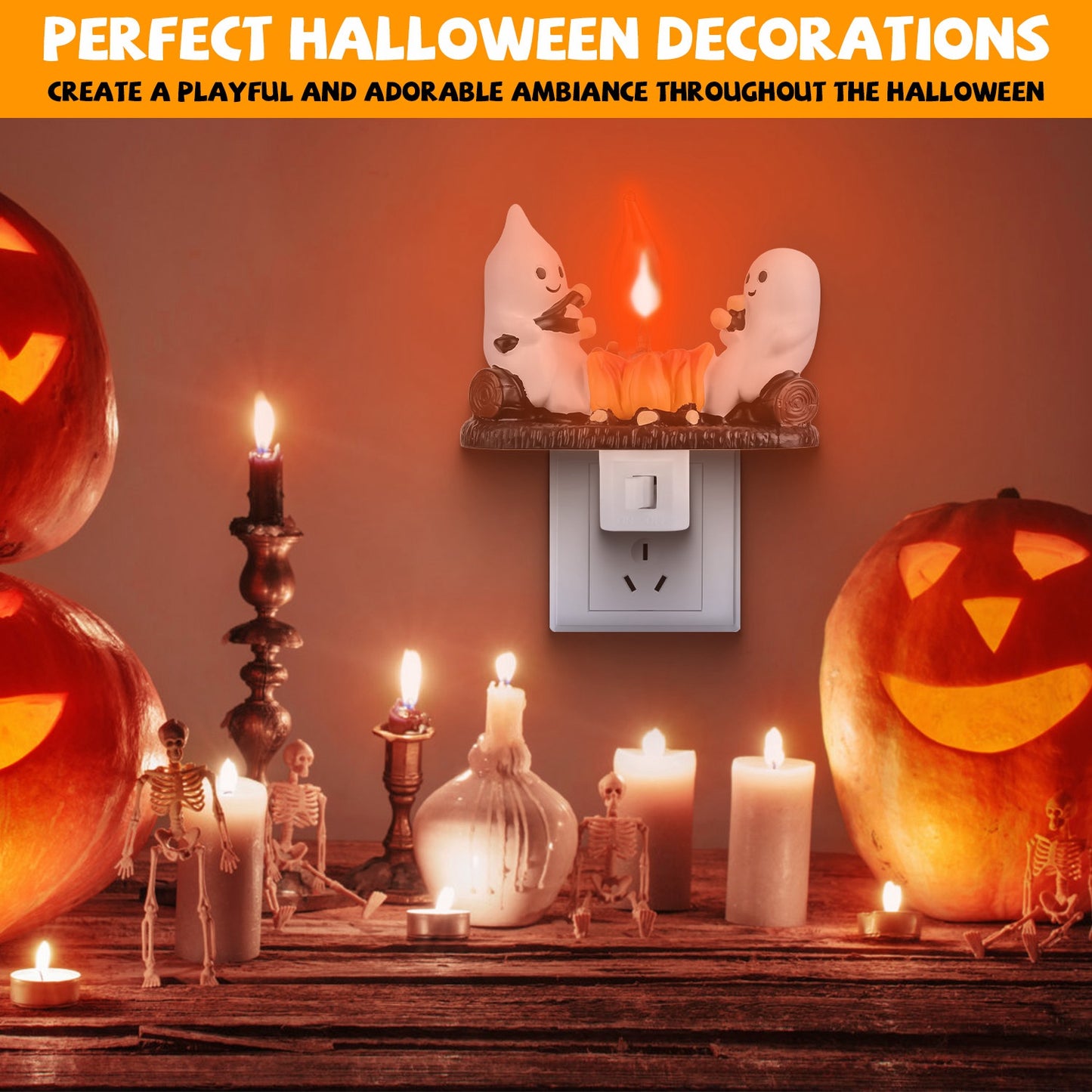 Ghost Campfire Flickering Night Light - Halloween & Bedroom Decor, Pack of 2