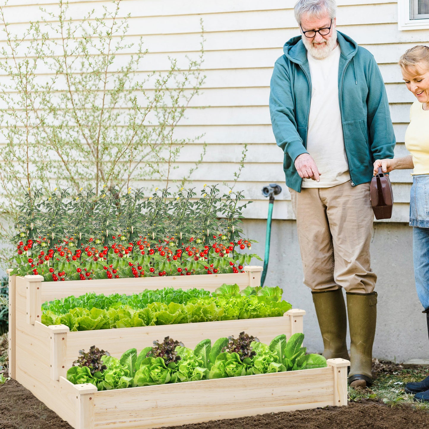 3-Tier Elevated Wooden Vegetable Garden Bed - Sturdy Fir Wood
