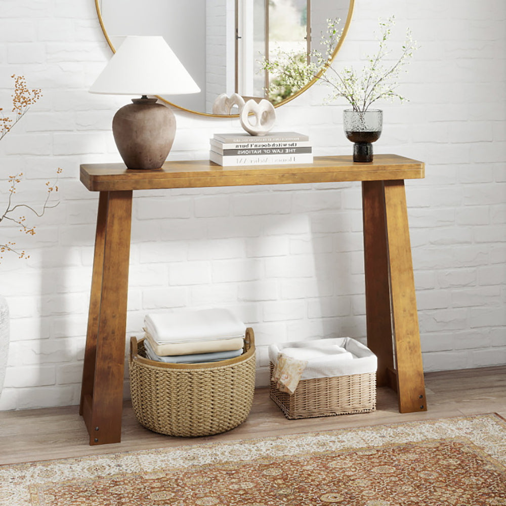 Solid Rubber Wood Console Table 43 Inch Narrow Entryway With Thick
