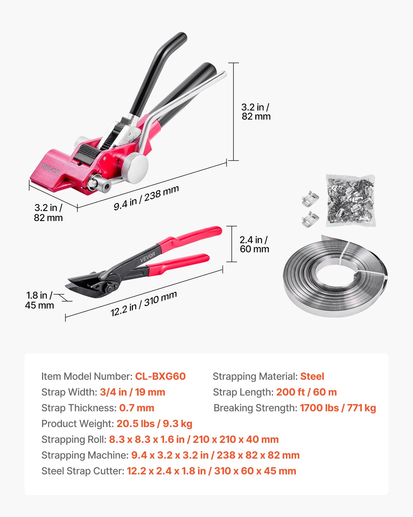 Heavy Duty Steel Strapping Kit with Tensioner, 200 Ft Straps & Clamps