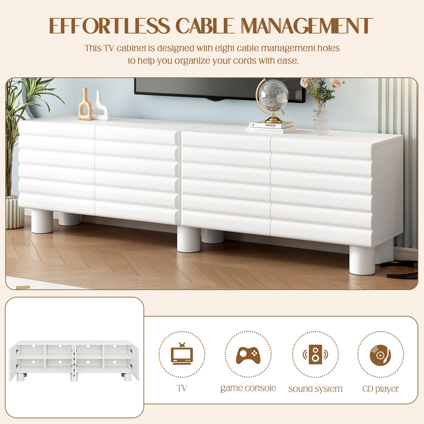 Stylish White Wavy Door TV Cabinet with Adjustable Shelves